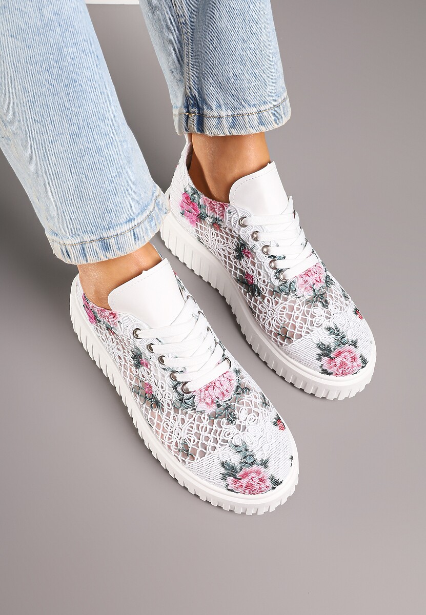 Biało-Różowe Sneakersy Vices na Platformie z Ażurową Cholewką Lumerise