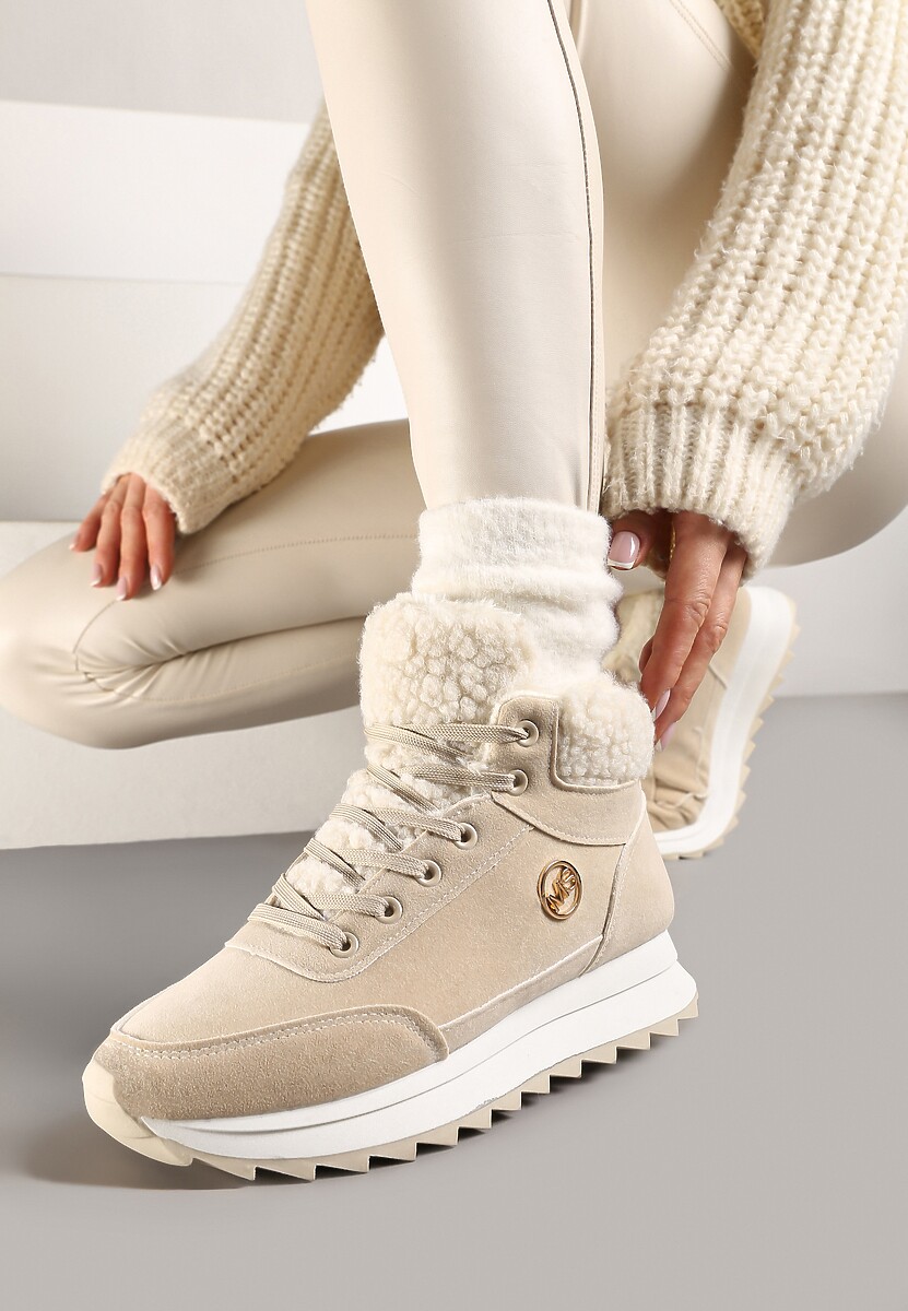 Beżowe Zimowe Sneakersy ze Sztucznym Futerkiem Turelia