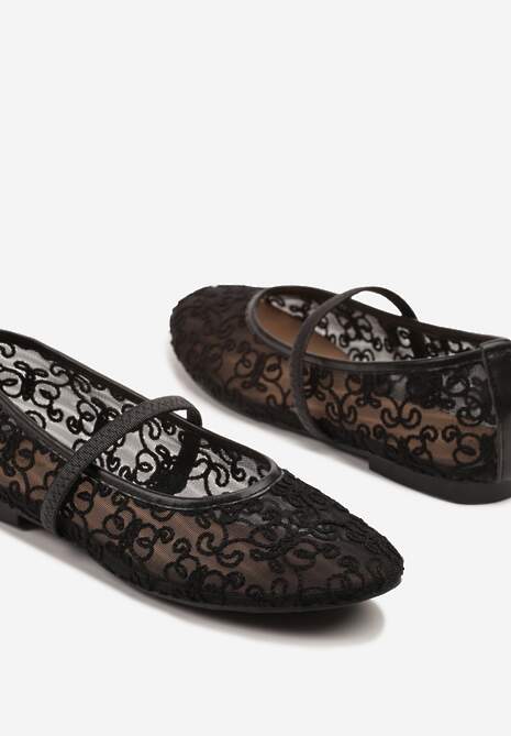 Czarne Transparentne Balerinki Vices z Haftem i Paskiem Nilovianna