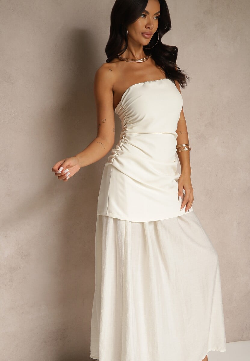 Beżowa Sukienka Koktajlowa z Dekoltem Bandeau Ozdobiona Marszczeniem Folimmea