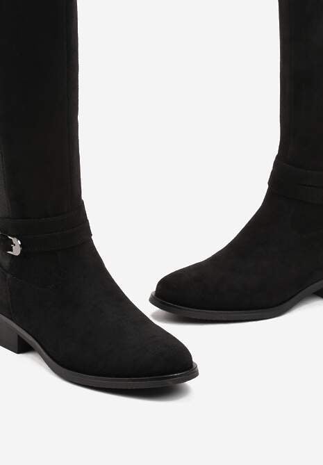 Czarne Kozaki Muszkieterki z Elastyczną Wstawką i Klamerką Wambra