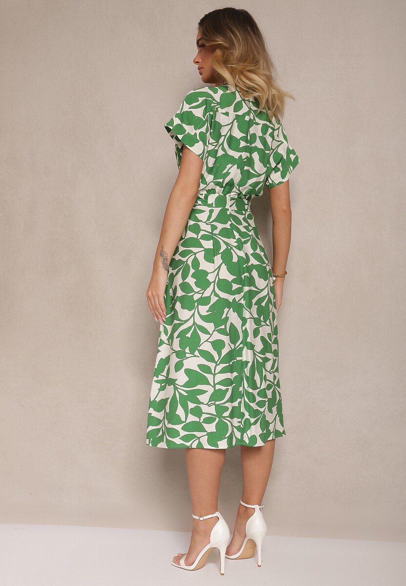 Zielona Sukienka o Rozkloszowanym Kroju w Liście z Paskiem Pumale