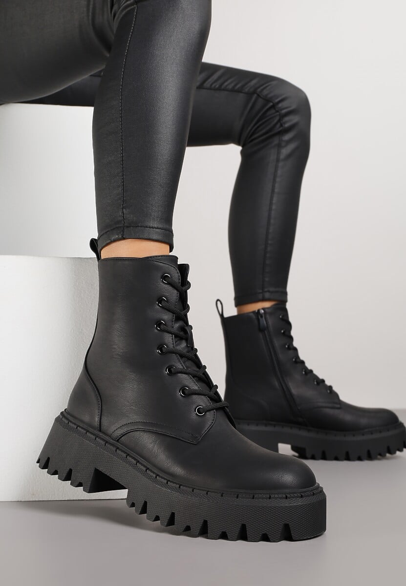 Czarne Sznurowane Botki na Platformie w Stylu Workerów Sairene