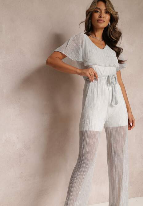 Szary Kombinezon z Szerokimi Nogawkami i Ozdobną Narzutką Phedia