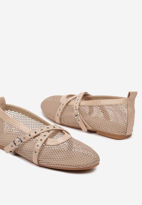 Beżowe Balerinki z Siateczki z Ozdobnymi Paskami z Klamerką Aceriora