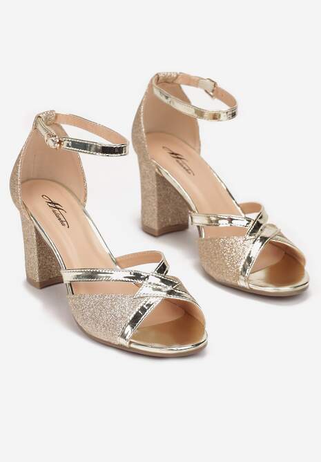 Złote Sandały Brokatowe na Słupku Layo