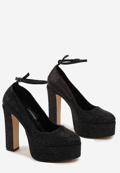 Czarne Błyszczące Czółenka z Ekoskóry na Platformie i Słupku Afroia