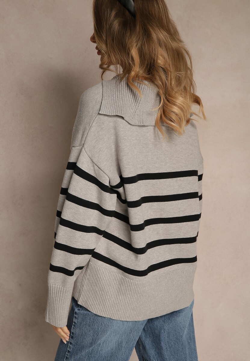 Czarno-Szary Sweter w Paski z Dekoltem w Serek z Kołnierzykiem Ralinavia