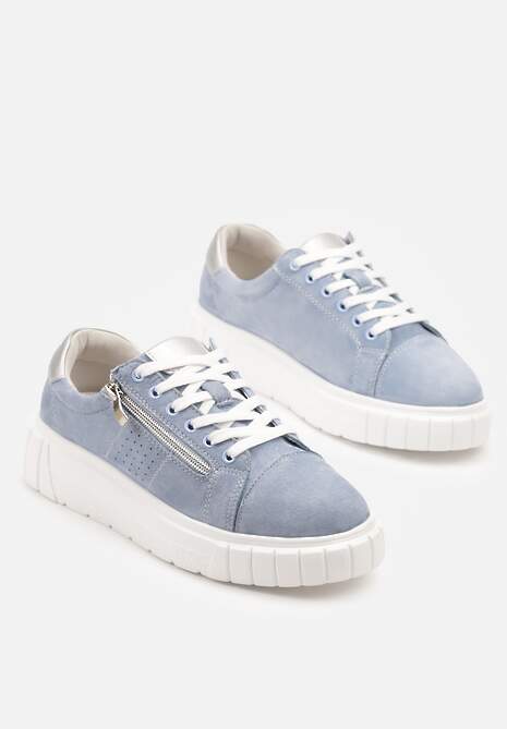 Niebieskie Sneakersy Skórzane na Platformie z Ozdobnym Suwakiem i Perforacją Niliria
