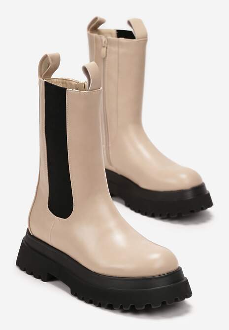 Beżowe Botki Sztyblety na Grubej Podeszwie Amelle
