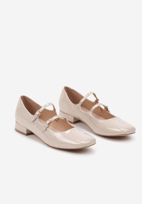 Beżowe Czółenka Lakierowane na Płaskiej Podeszwie Zapinane na Sprzączki Erialin