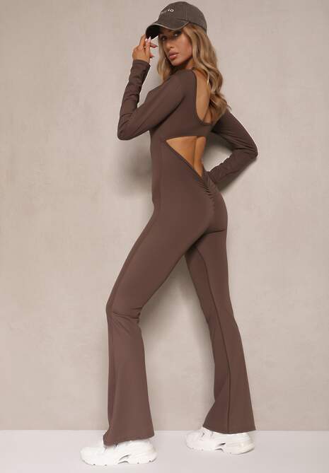 Brązowy Kombinezon Bodycon z Usztywnianymi Miseczkami i Wycięciami na Plecach Calinori