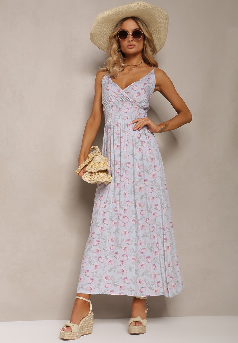 Jasnoniebieska Bawełniana Sukienka na Cienkich Ramiączkach w Kwiecisty Wzór o Rozkloszowanym Fasonie Rosaq