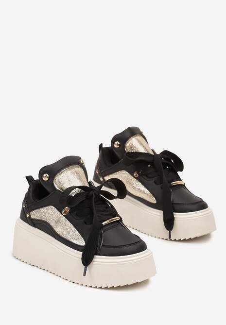 Czarne Sneakersy na Platformie Ozdobione Nitami i Metalicznymi Elementami Azista