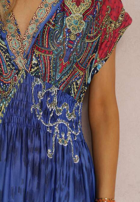 Niebieska Sukienka o Kopertowym Kroju w Ornamentalny Print Nalori