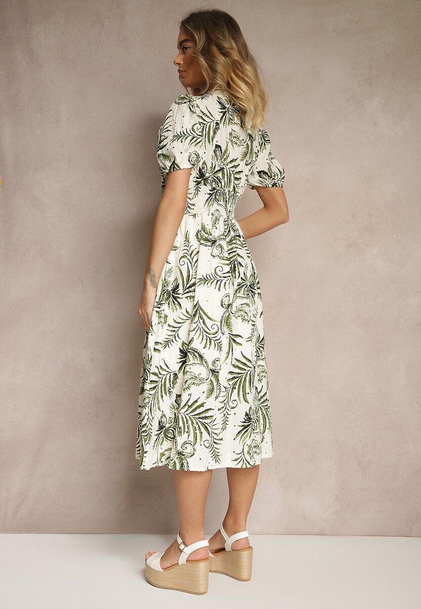 Zielona Sukienka o Rozkloszowanym Kroju z Dekoltem w Serek w Roślinny Print Evilessa