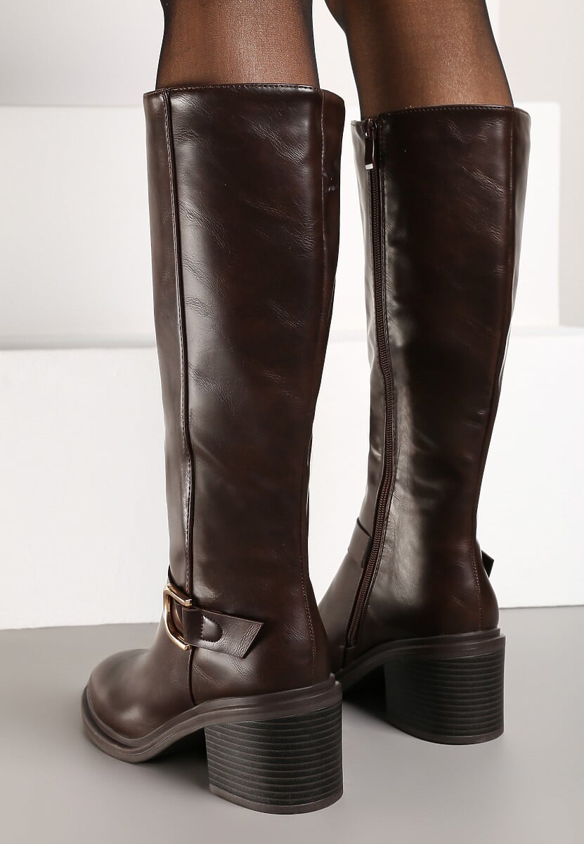 Brązowe Kozaki na Słupku z Ozdobną Klamrą i Paskiem Miavirae