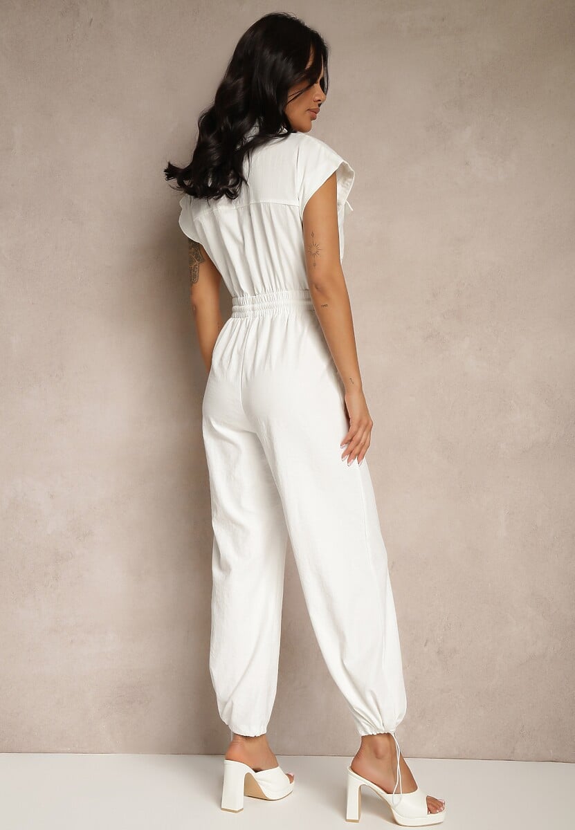 Biały Kombinezon z Krótkim Rękawem i Kołnierzykiem Zapinany na Suwak Soveldi