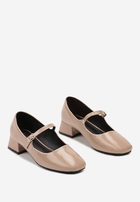 Beżowe Czółenka Lakierowane na Słupku Wykończone Paskiem i Sprzączką Nadrina