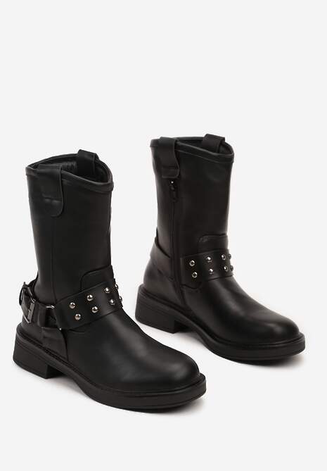 Czarne Motocyklowe Botki na Płaskiej Podeszwie Patina