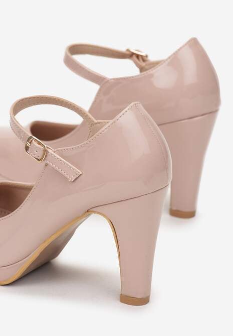 Beżowe Czółenka na Słupku z Lakierowanym Wykończeniem Zabdi