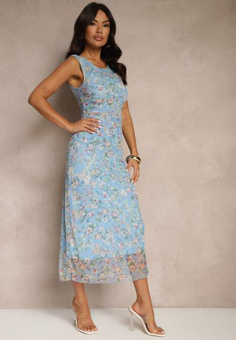 Niebieska Sukienka o Taliowanym w Kwiatowy Wzór Lirandra