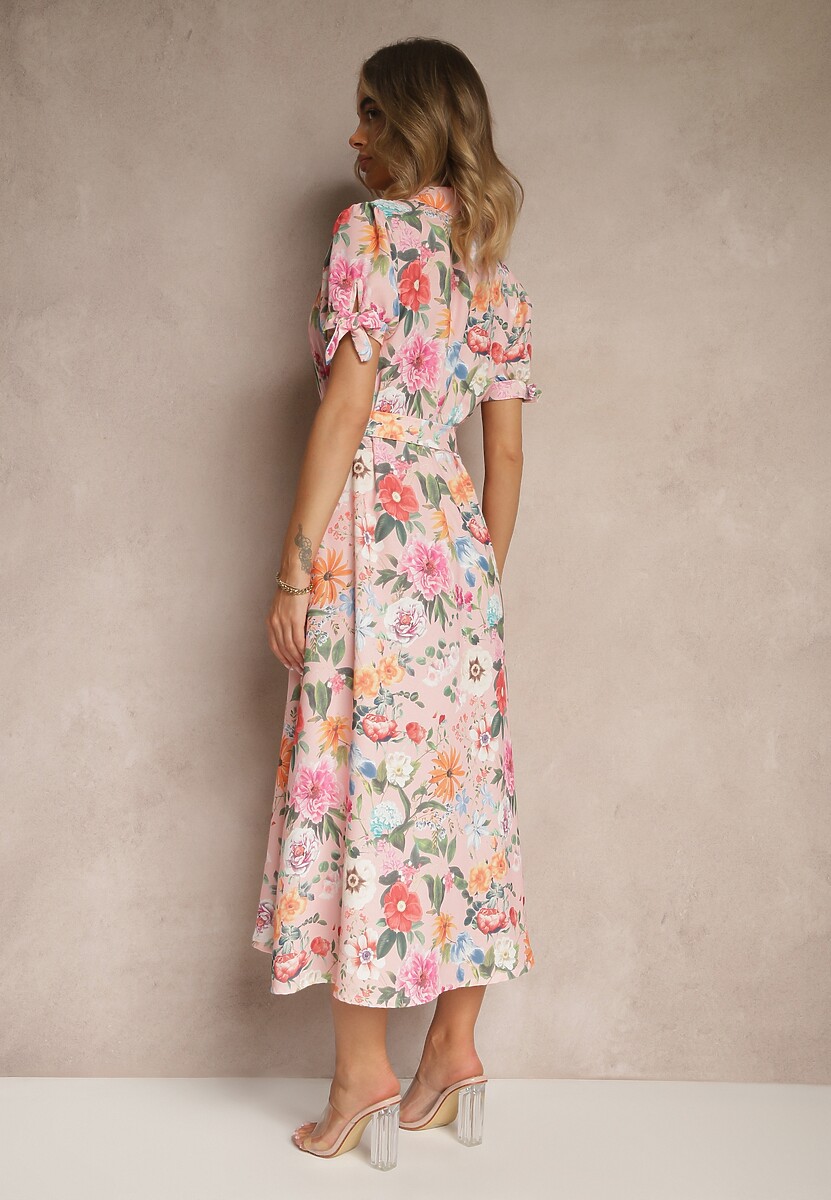 Różowa Koszulowa Sukienka w Kwiaty o Rozkloszowanym Fasonie z Paskiem Fevalirra