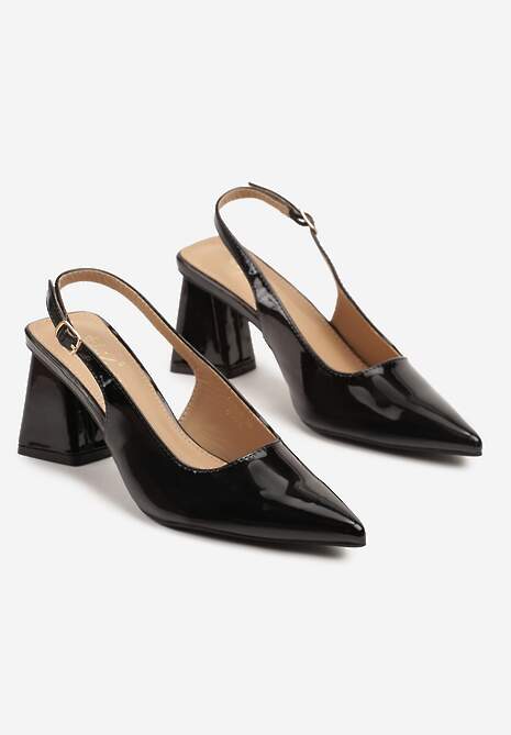 Czarne Sandały Lakierowane na Słupku Typu Slingback Sesorielis