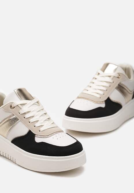 Beżowo-Czarne Sneakersy na Platformie z Brokatowymi Akcentami Sellona
