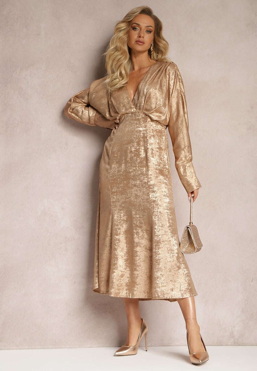 Szampańska Sukienka Midi z Gumką w Pasie i Rękawami Nietoperz Botella