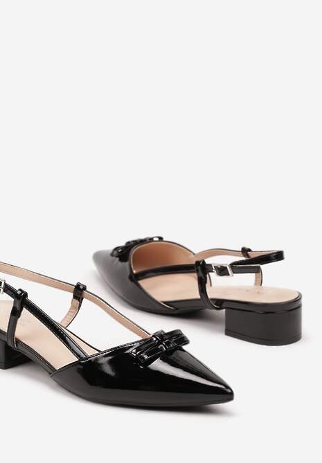Czarne Sandały na Niskim Obcasie ze Szpiczastym Noskiem Zdobionym Kokardą Virlexia