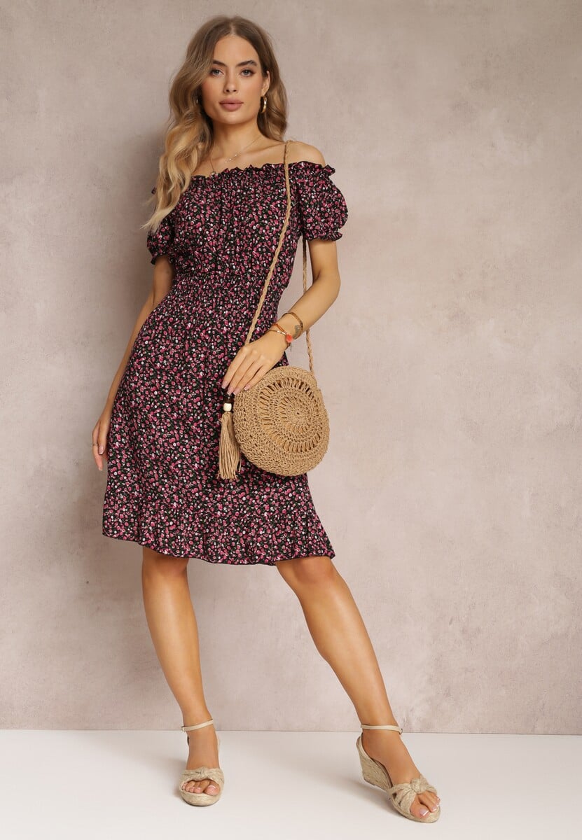 Czarno-Czerwona Bawełniana Sukienka z Gumką w Talii o Fasonie Hiszpanki Jazmi