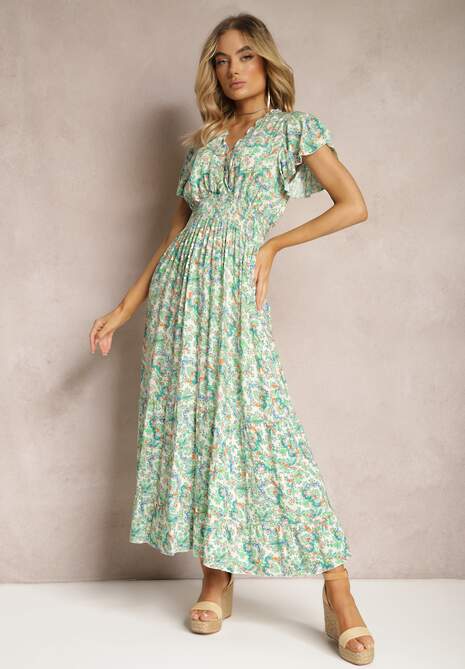 Jasnozielona Bawełniana Sukienka na Lato z Gumką w Talii i Delikatnymi Falbankami Gloriassa