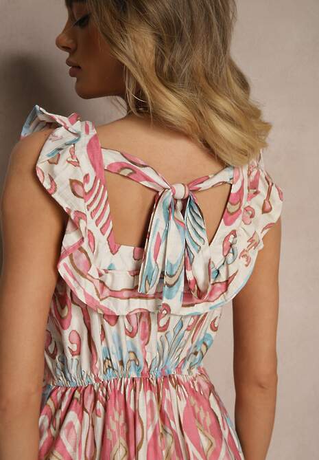 Różowa Sukienka Rozkloszowana Wiskozowa Wiązana na Plecach we Wzór Boho Turieza