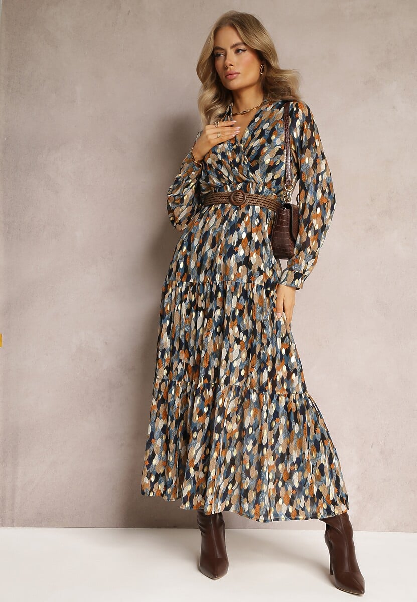 Granatowa Sukienka Bancroft z Błyszczącym Nadrukiem