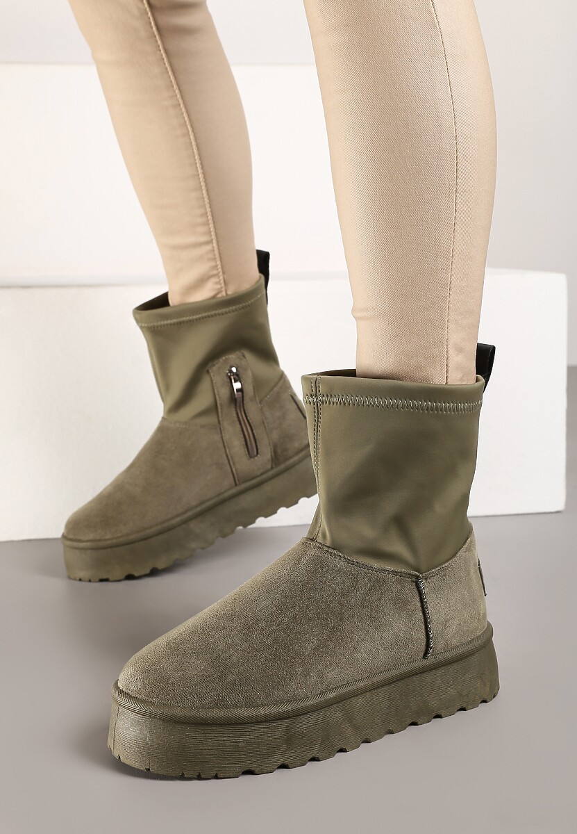 Zielone Płaskie Ocieplane Śniegowce z Elastyczną Cholewką Sevidia