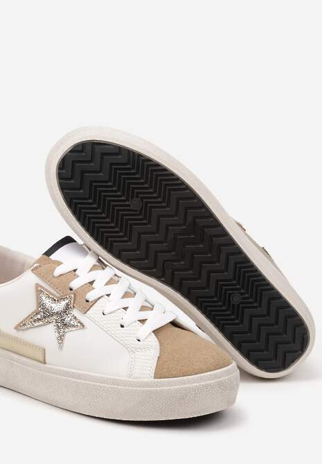 Ciemnobeżowe Sneakersy na Niskiej Platformie z Brokatowymi Zdobieniami Felaven