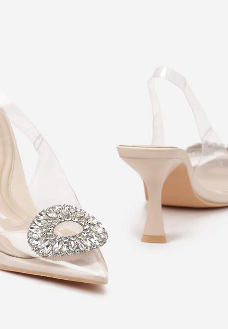 Beżowe Przeźroczyste Sandały na Szpilce z Klamrą z Cyrkonii Orchia