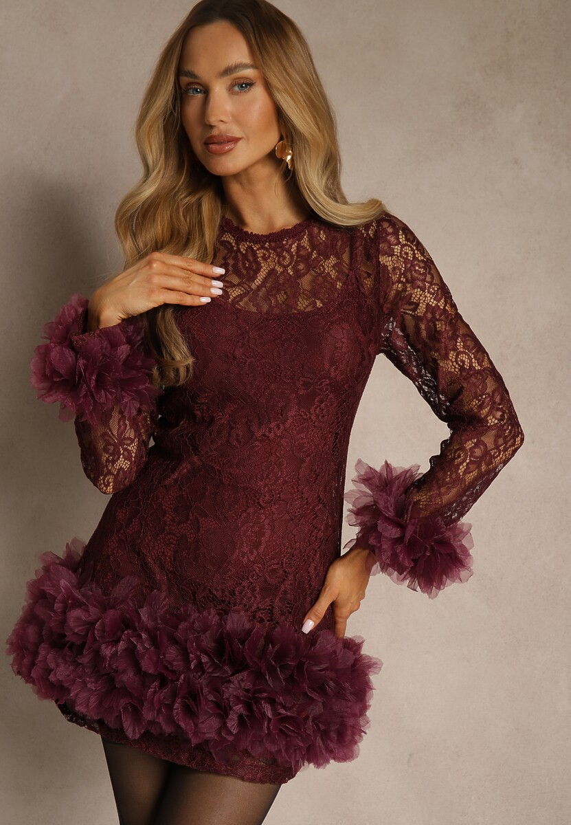 Brązowa Dopasowana Koronkowa Sukienka Koktajlowa z Tiulowymi Aplikacjami Kretalia