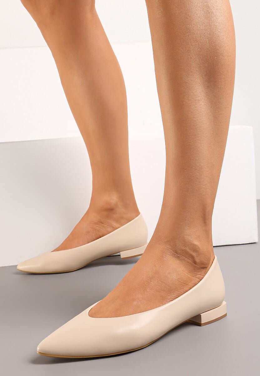 Beżowe Balerinki na Płaskim Słupku ze Szpiczastym Noskiem Kaitli