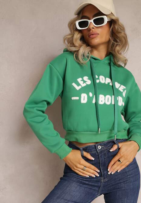 Zielona Dzianinowa Bluza z Nadrukiem i Kapturem Faminese