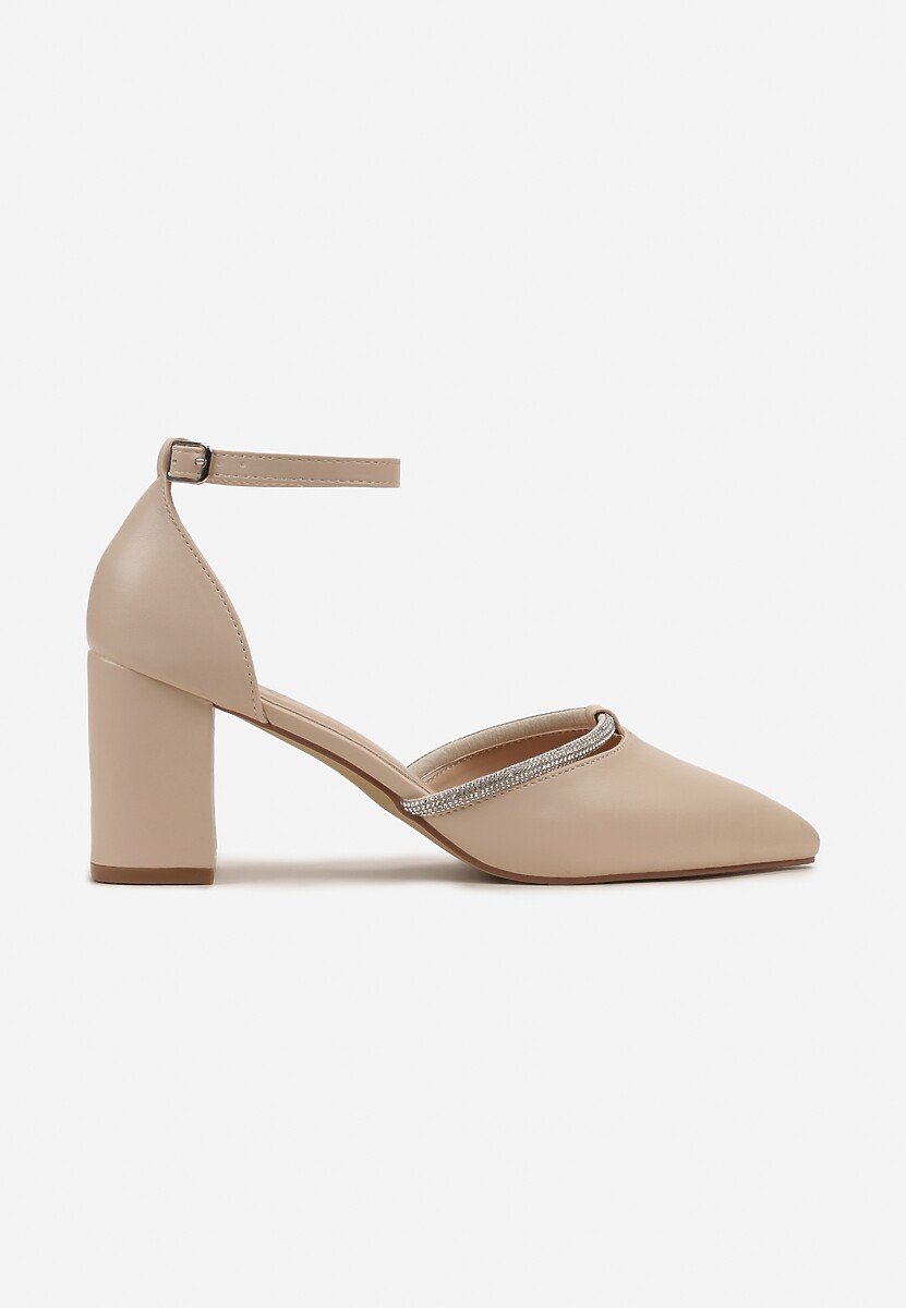 Beżowe Czółenka Ozdobione Cyrkoniami na Słupku z Zapięciem wokół Kostki Verali