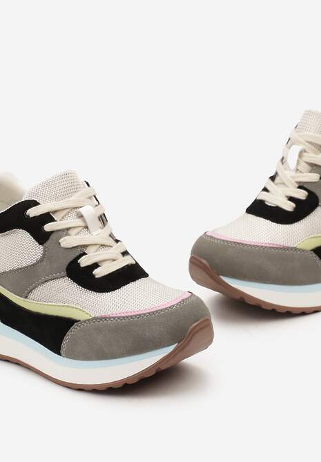 Szare Sneakersy na Ukrytym Niewysokim Koturnie z Brokatem Fioralan