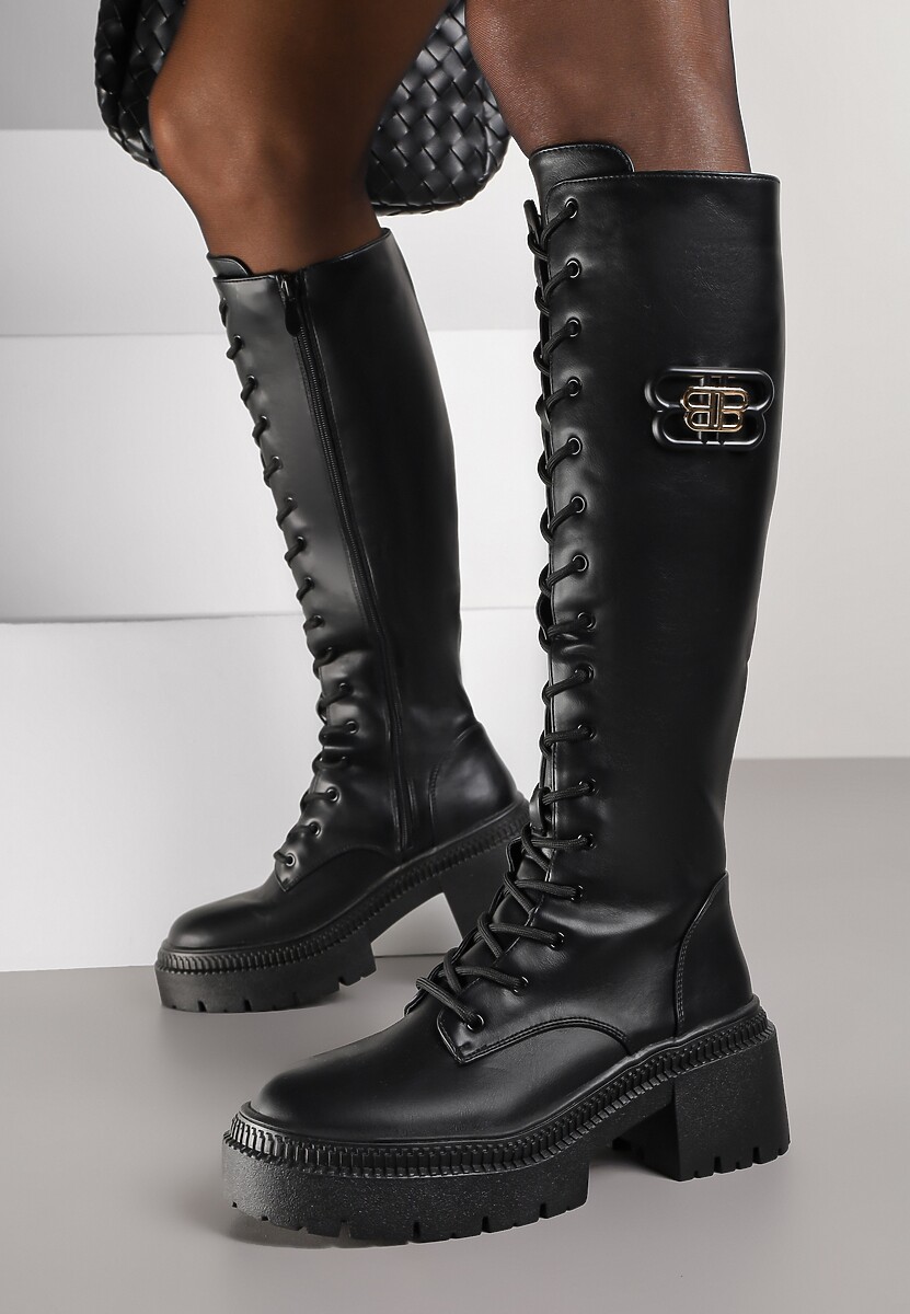 Czarne Kozaki Vices z Imitacji Zamszu w Stylu Grunge ze Sznurowaną Cholewką i Platformą Laurotte