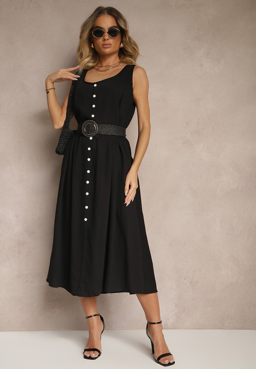 Czarna Rozkloszowana Sukienka z Wiskozy Ozdobiona Guzikami Nataviela