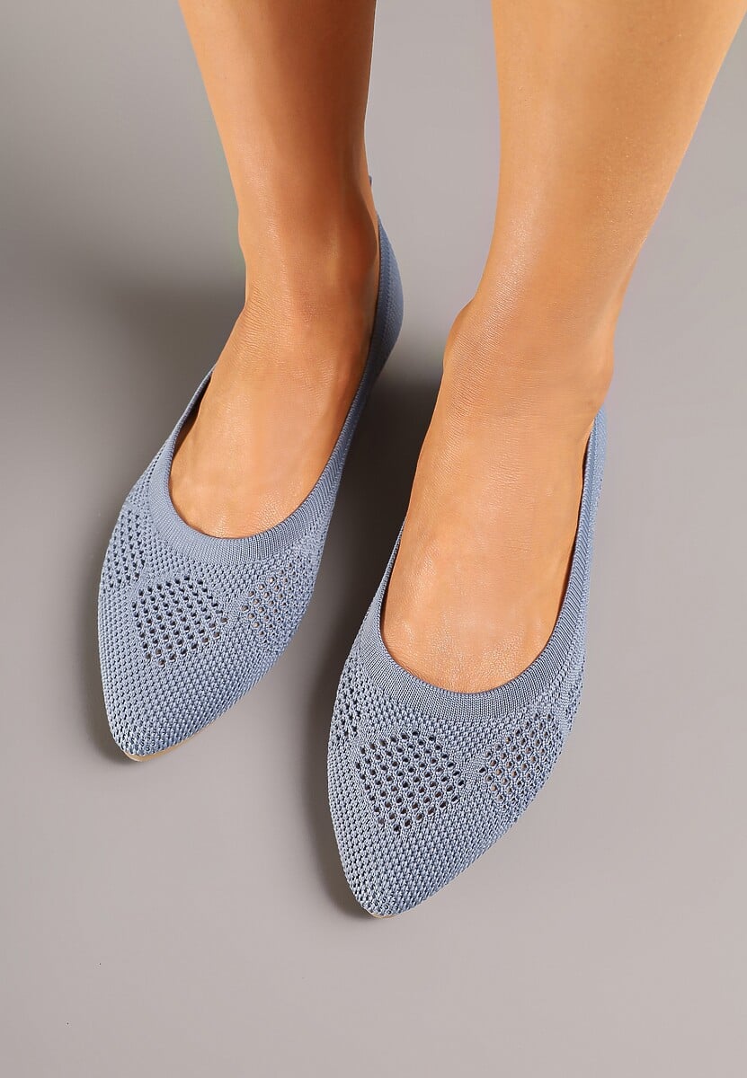 Niebieskie Balerinki z Noskiem Typu Migdałek Zdobione Perforacją Natiela