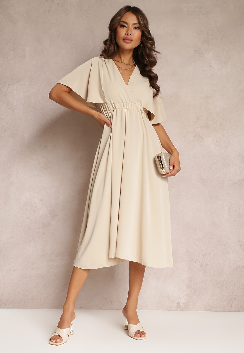 Beżowa Sukienka z Gumką w Talii Krótkim Rękawem i Kopertowym Dekoltem Kelila