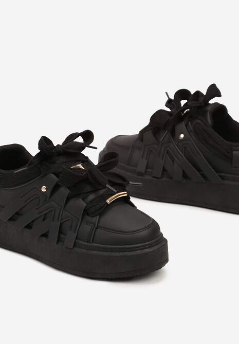 Czarne Sznurowane Sneakersy na Platformie Ozdobione Paskami Lerinique