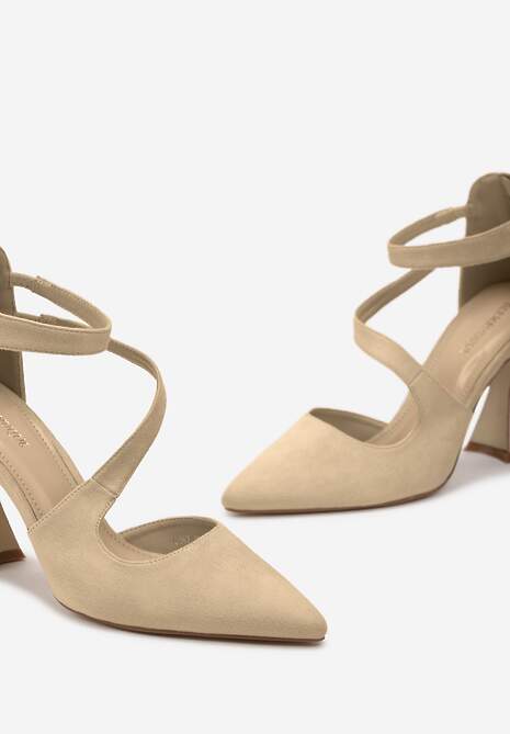 Beżowe Czółenka na Obcasie Typu Klepsydra ze Skośnymi Paskami Enollia