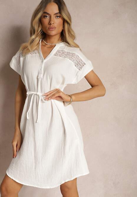 Biała Sukienka na Lato z Bawełny ze Sznureczkiem w Talii Rufalia